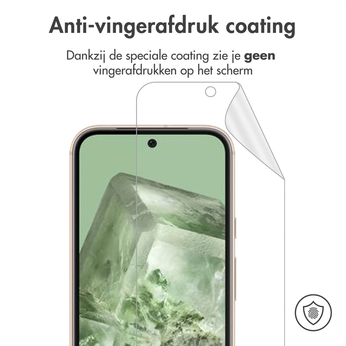 Écran de téléphone avec un protecteur d'écran en cours de décollement. Un symbole d'empreinte digitale est affiché.