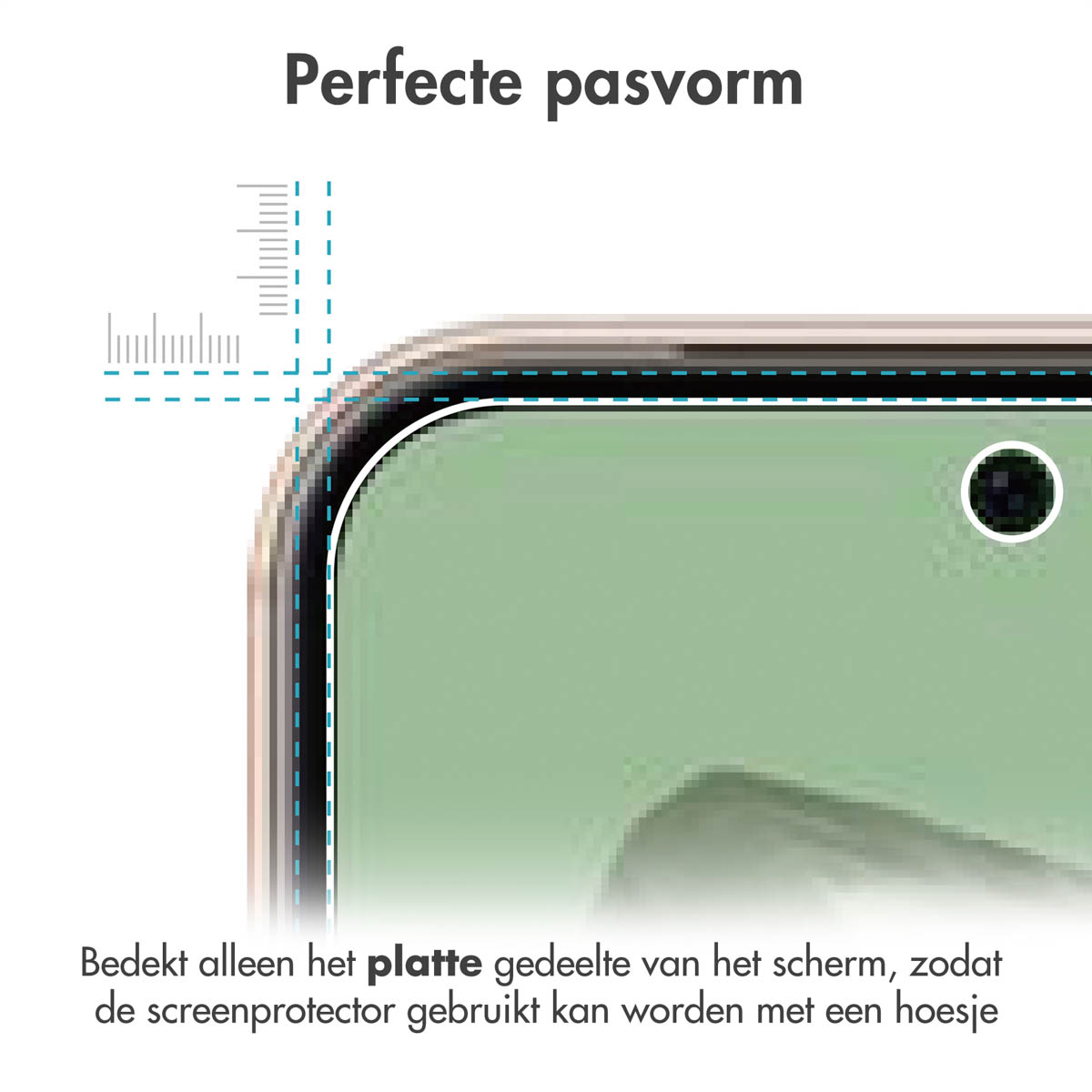 Protecteur d'écran sur le téléphone. Il couvre la partie plate de l'écran. Le texte mentionne 'ajustement parfait'.