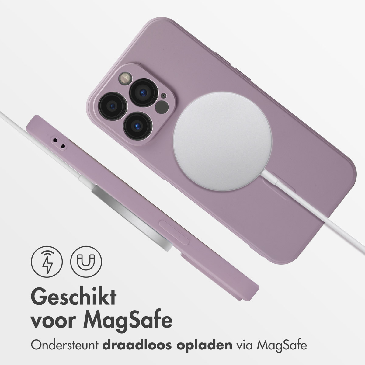 Paarse iPhone met draadloze oplader en hoes. Tekst: 'Geschikt voor MagSafe'.