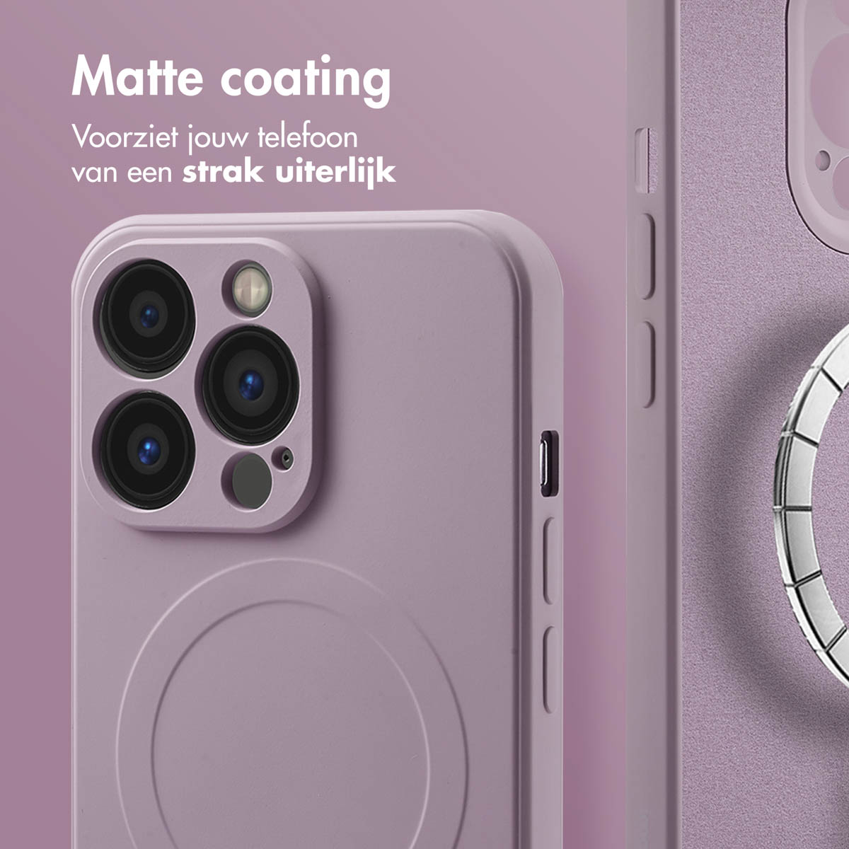 Lila telefoonhoes, close-up. Het heeft camera-uitsparingen en een cirkelvormig MagSafe-ontwerp.
