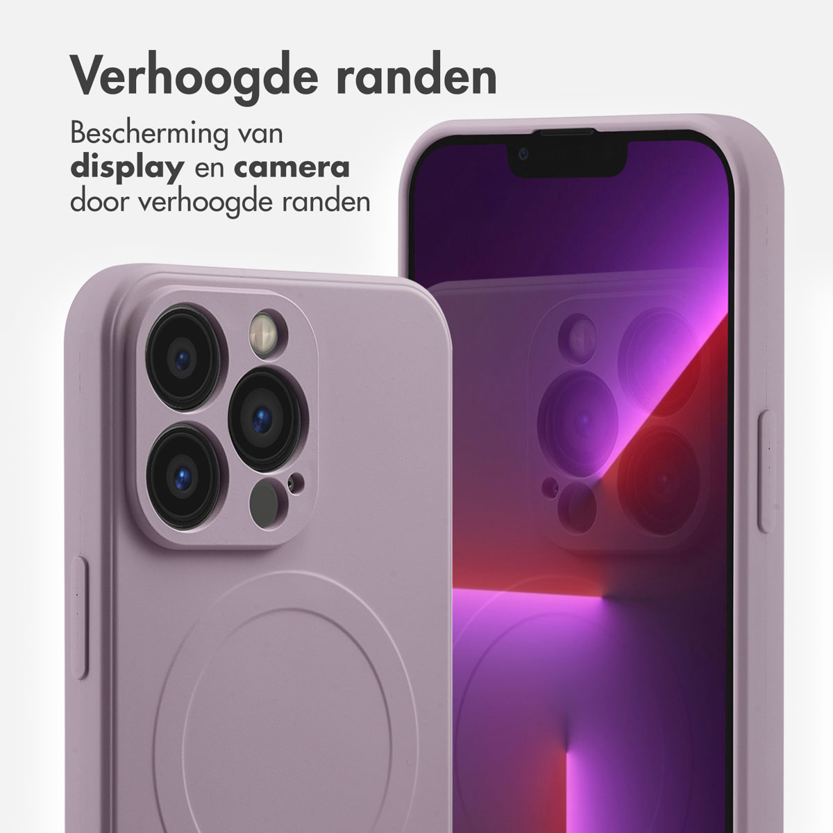 Paarse telefoonhoes met verhoogde randen. Telefoon met paars scherm. Camera zichtbaar. Scherm- en camerabescherming.