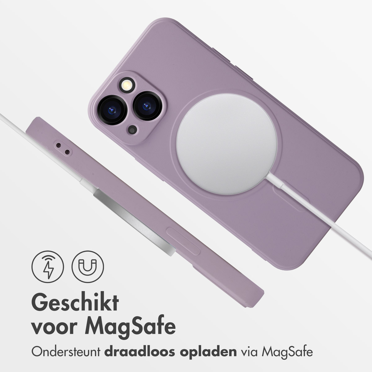 Lila Handyhülle mit angeschlossenem weißen MagSafe-Ladegerät und Seitenansicht. Text über kabelloses Laden.