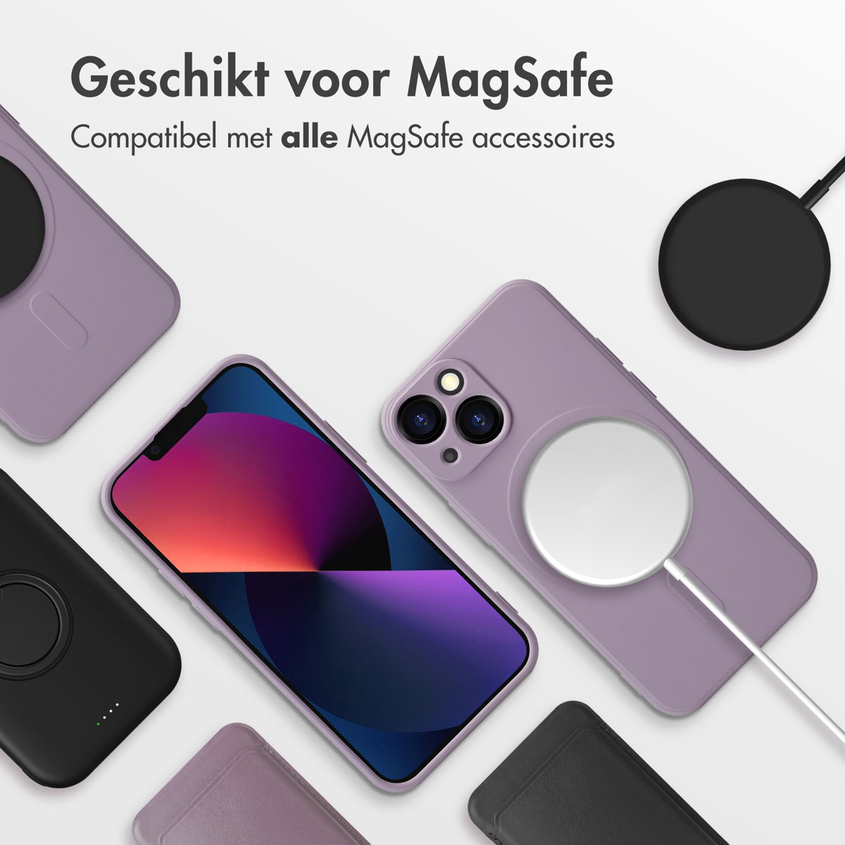 Mehrere lila Handyhüllen und Zubehörteile, mit einem Telefon mit Bildschirm. Text: 'Geeignet für MagSafe'.