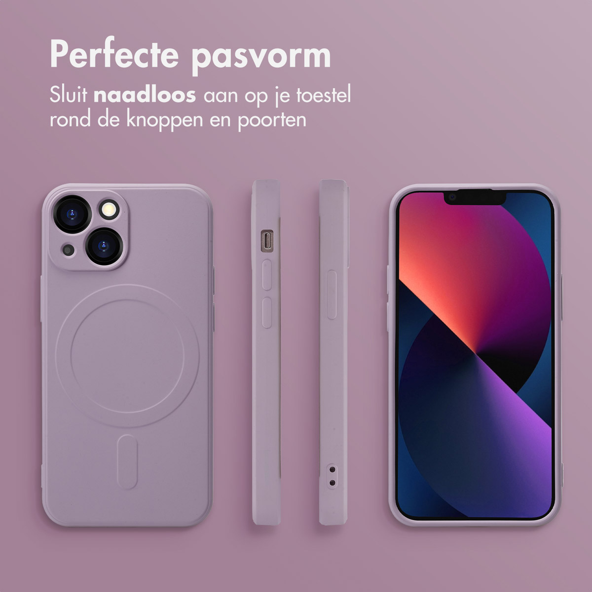 Lila Handyhülle mit drei Ansichten: vorne, Seite und Bildschirm. Text: 'Perfekte Passform'.