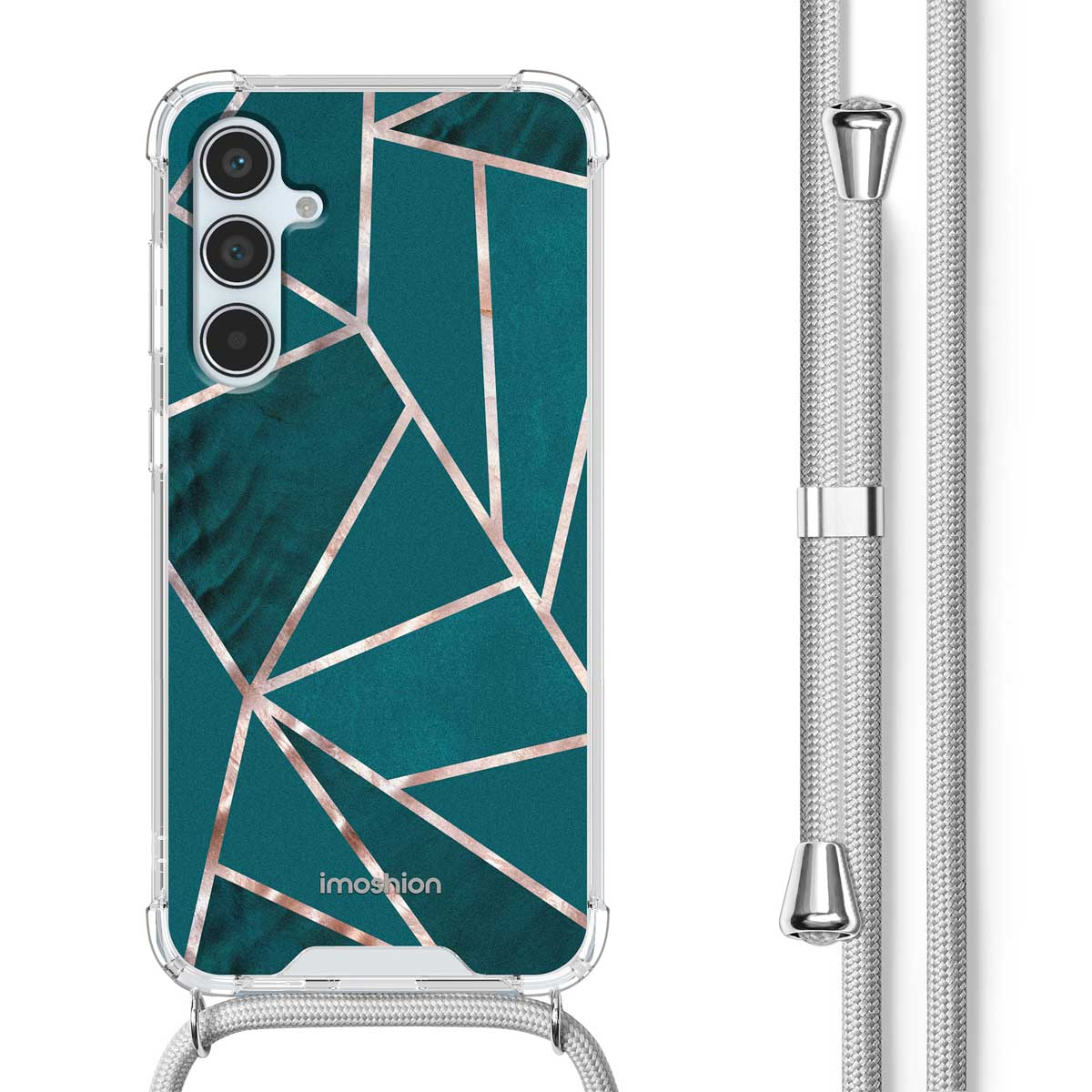 Coque de téléphone avec motif géométrique teal et or, avec une sangle assortie.