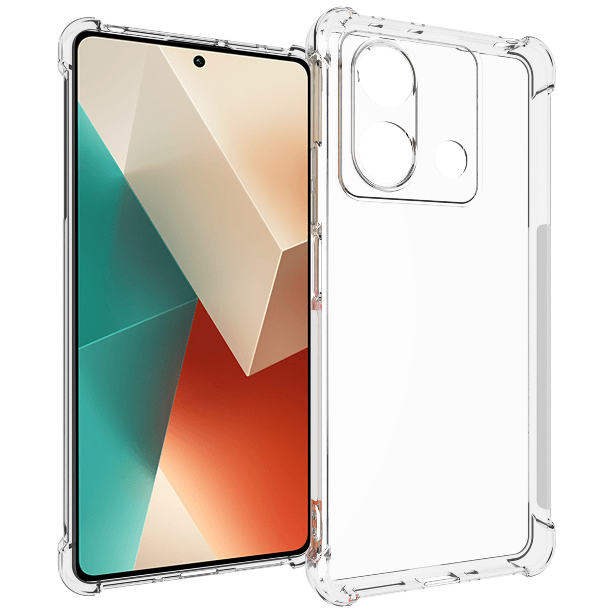 Custodia trasparente con telefono. Il telefono ha uno schermo con motivo geometrico.