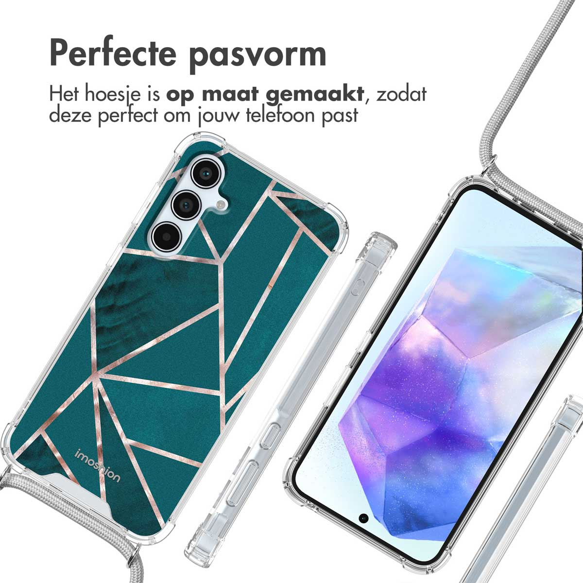 Coque de téléphone avec motif vert émeraude. Téléphone dans la coque. Lignes dorées et côtés transparents visibles.