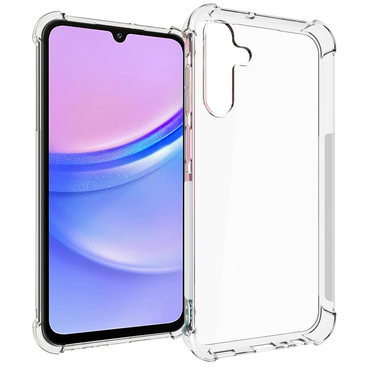 Coque de téléphone transparente avec téléphone. Le téléphone affiche l'écran et est au centre.
