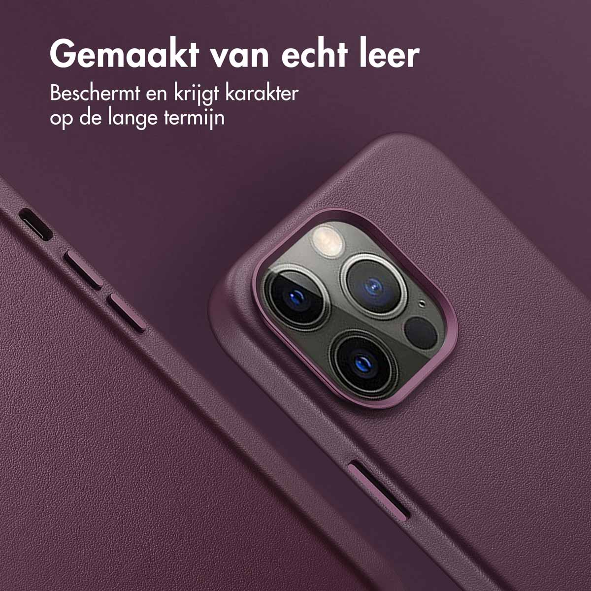Coque de téléphone violette. Caméra visible. La coque est en cuir. La coque est de couleur violette.