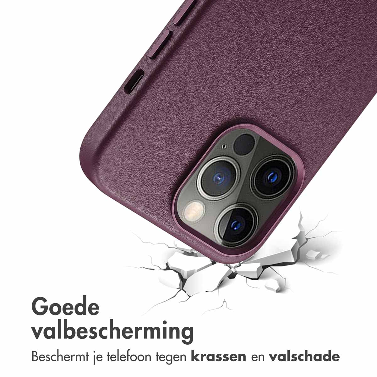 Coque violette avec détail caméra, sur sol fissuré. Texte : Bonne protection contre les chutes.