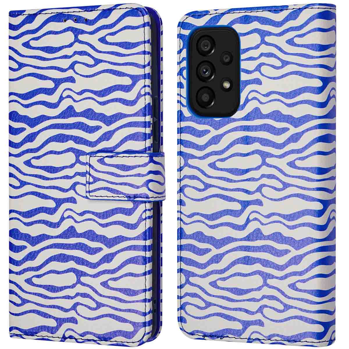 Open telefoonhoesjes in een blauw-wit zebrapatroon. De hoesjes zijn open.