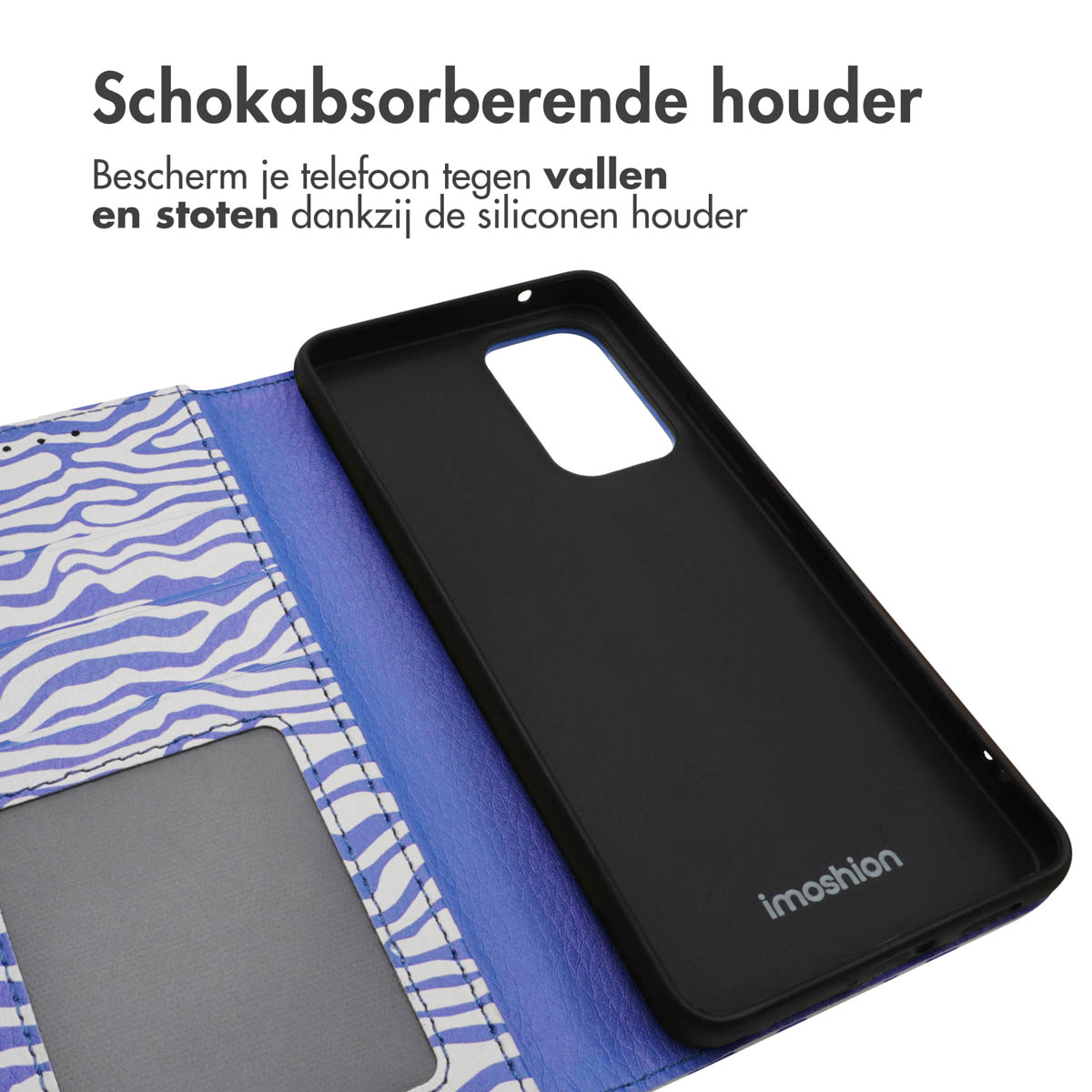 Een zwarte telefoonhoes staat naast een blauw-witte hoes met zebrapatroon, met een kaartsleuf.