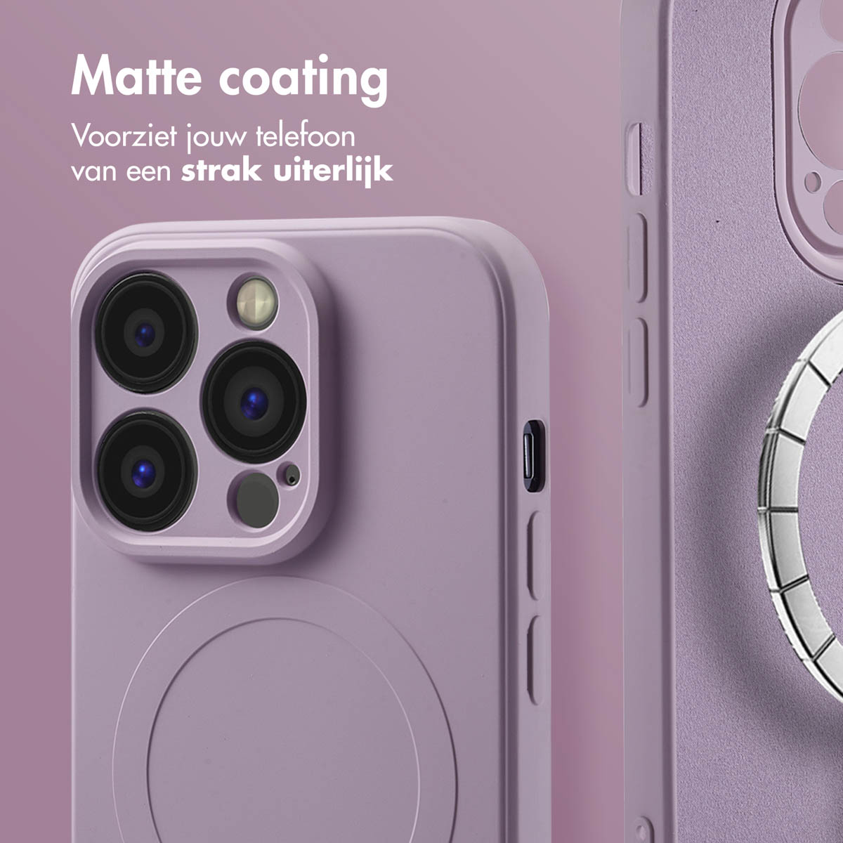 Nahaufnahme einer hellvioletten Handyhülle mit Kameraausschnitten. Text: Mattbeschichtung.
