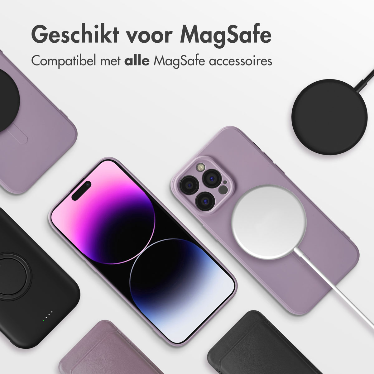 Mehrere Telefone und kabellose Ladegeräte, alle in verschiedenen Farben. Weißer Hintergrund.