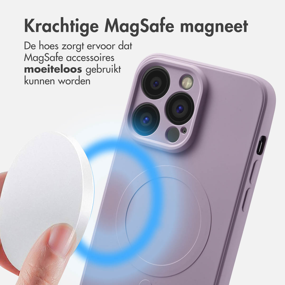 Lila Handyhülle mit MagSafe-Magnet und weißem MagSafe-Zubehör, mit blauem Ringeffekt.