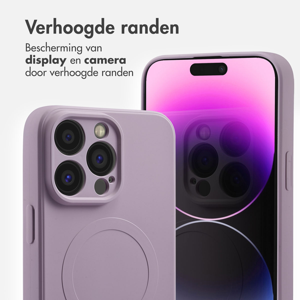 Lila Handyhülle mit Telefon. Das Telefon hat die Hülle an, und die Hülle hat erhöhte Kanten.