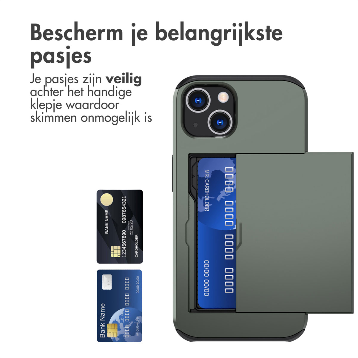 Telefoonhoesje met kaartsleuven. Twee creditcards zijn gedeeltelijk zichtbaar.