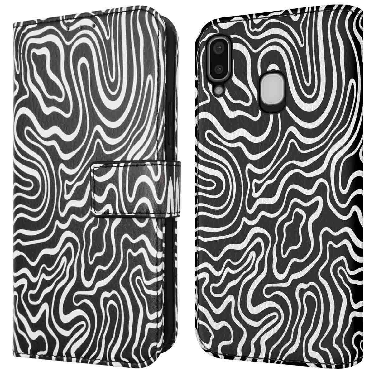 Open telefoonhoes met een zwart-wit golvenpatroon. Het scherm is zichtbaar.