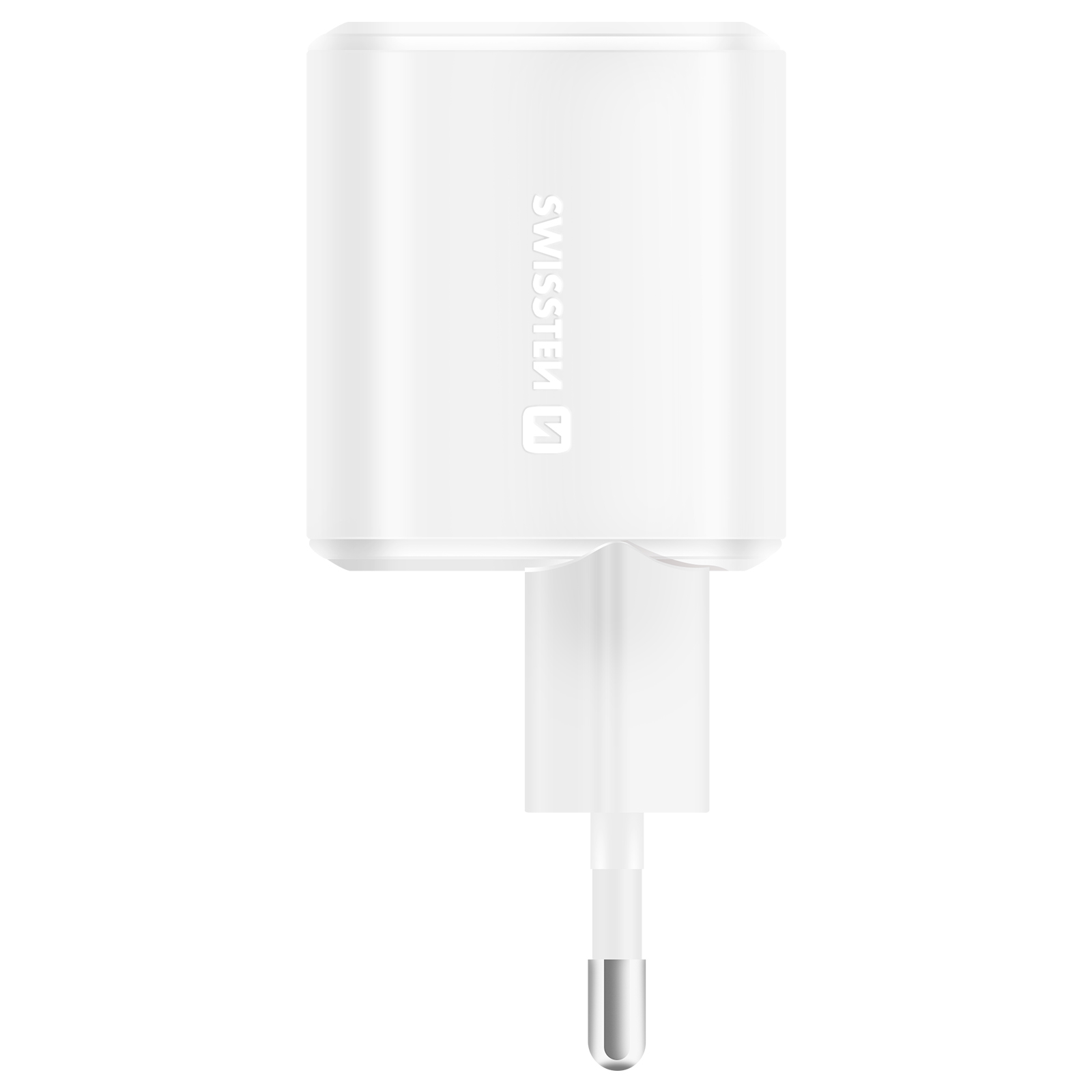 Ein weißes Ladegerät mit Stecker. Es ist ein europäischer Stecker und hat 'swissten'.