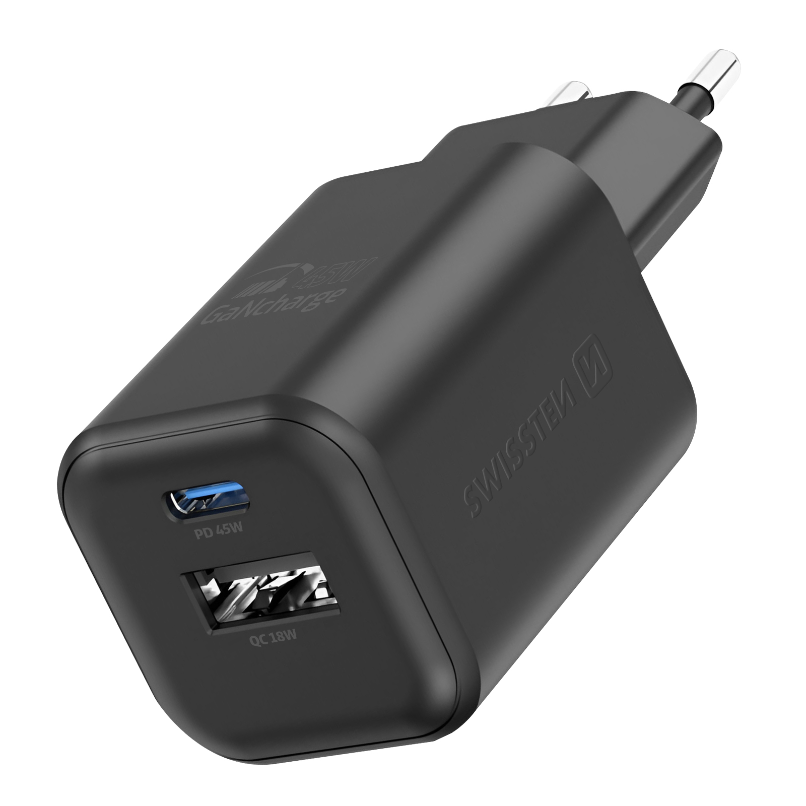Un adattatore di alimentazione nero con porta USB-C e USB-A, su sfondo bianco.