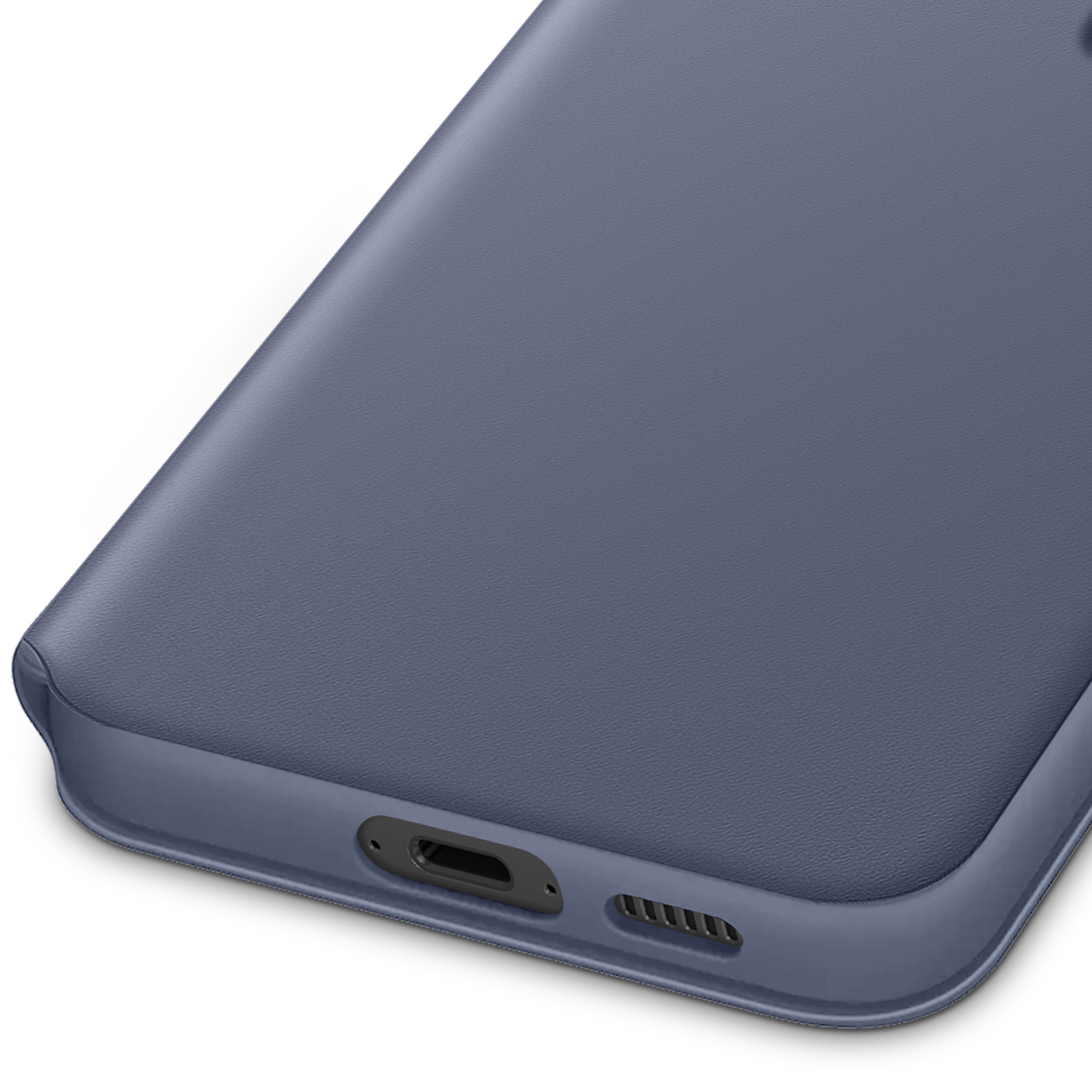Een close-up van een telefoonhoesje, met de oplaadpoort en de speakergaten.