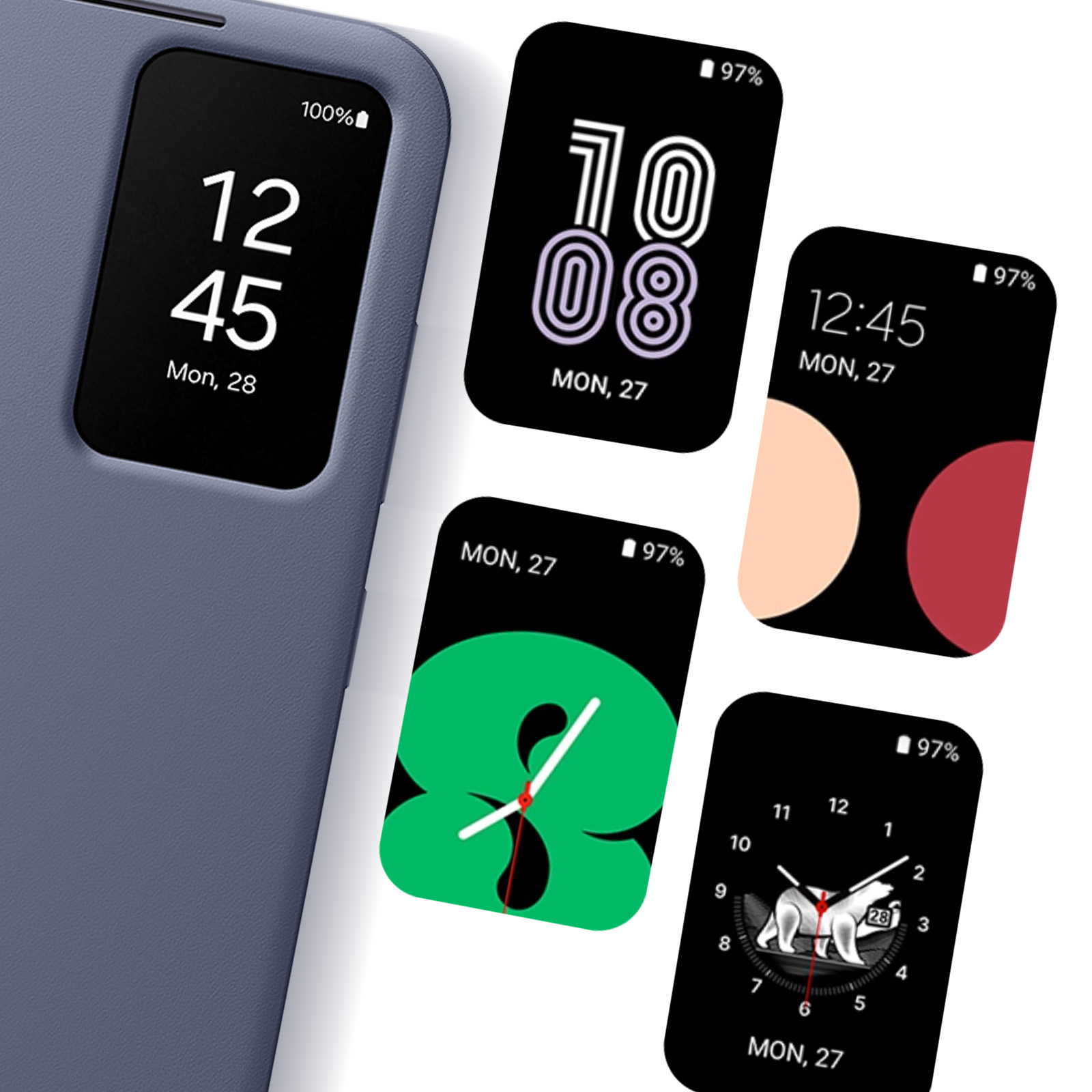 Een telefoon met een scherm dat de tijd weergeeft. Vier wijzerplaten met verschillende ontwerpen zijn zichtbaar.