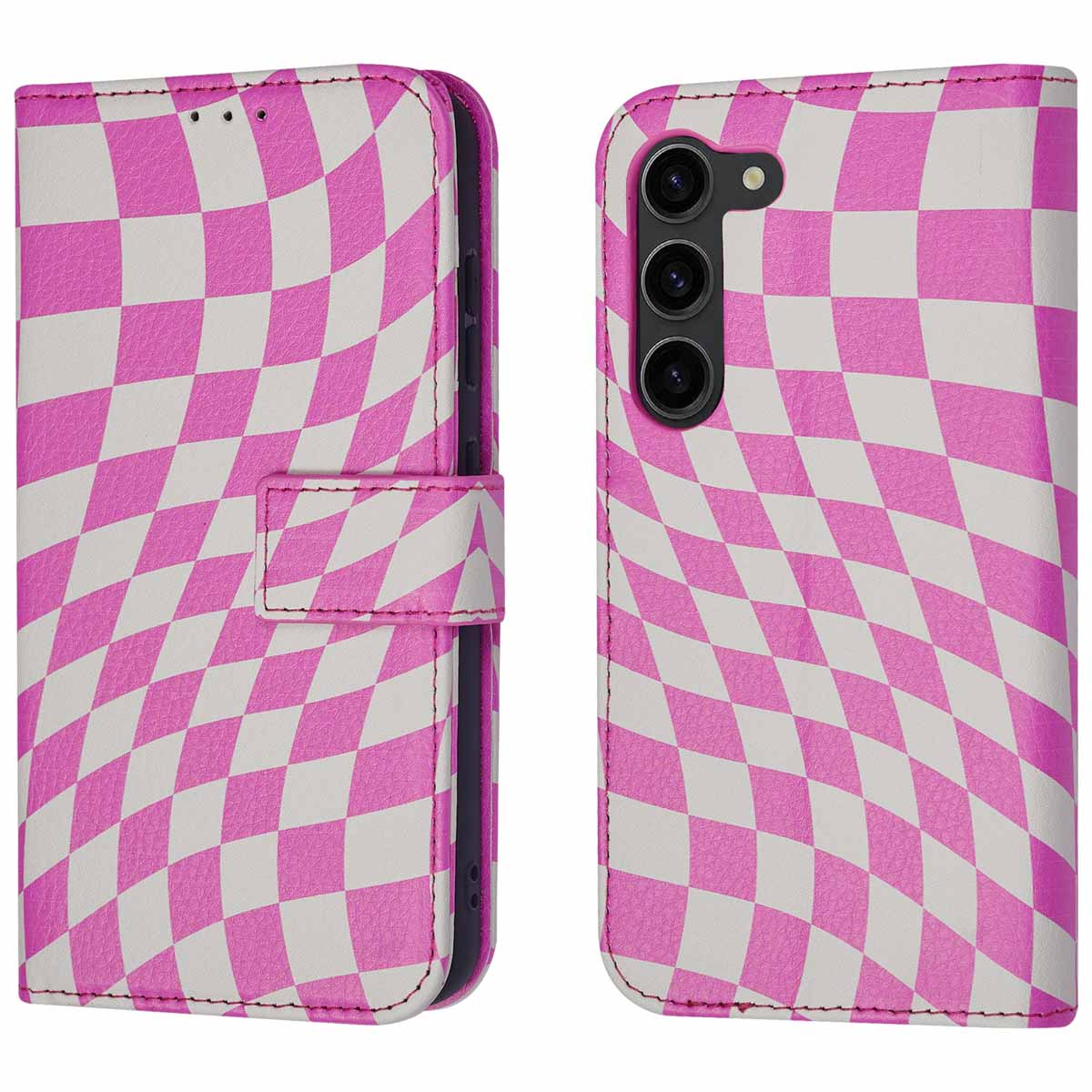 Roze en witte geruite telefoonhoes, open en dicht.