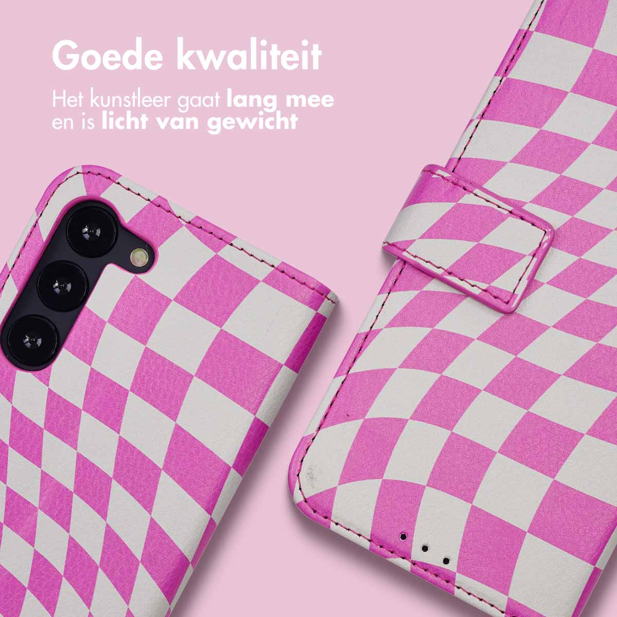 Roze en witte geruite telefoonhoes. De telefoon zit in de hoes. Goede kwaliteit.