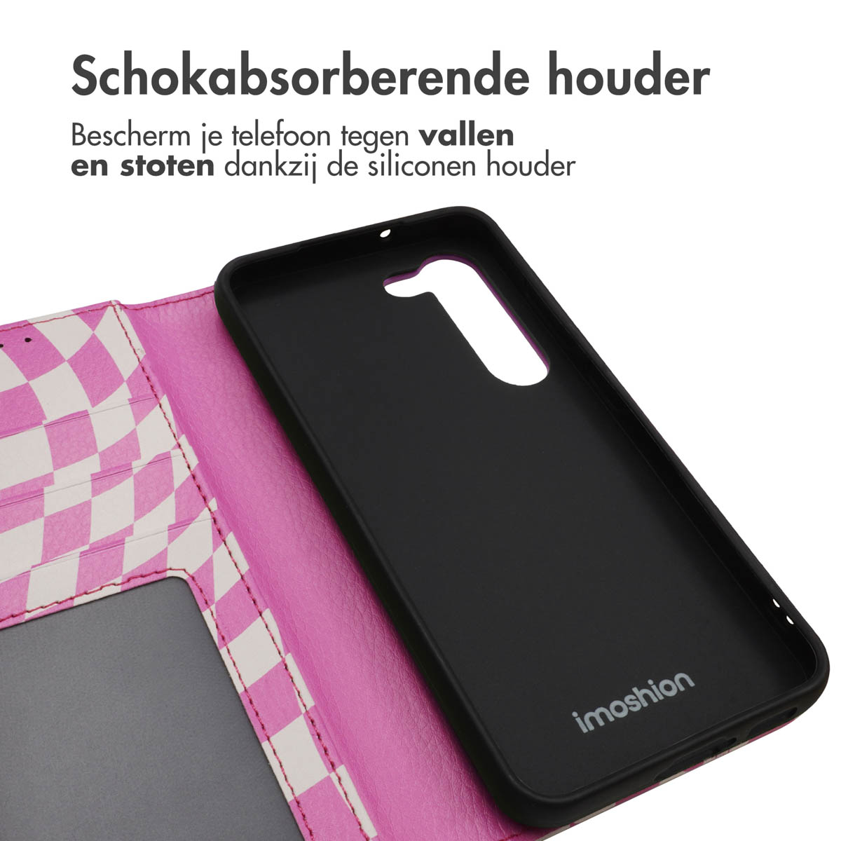 Open telefoonhoes met een roze en wit geblokt patroon, met de binnenkant van de telefoon.