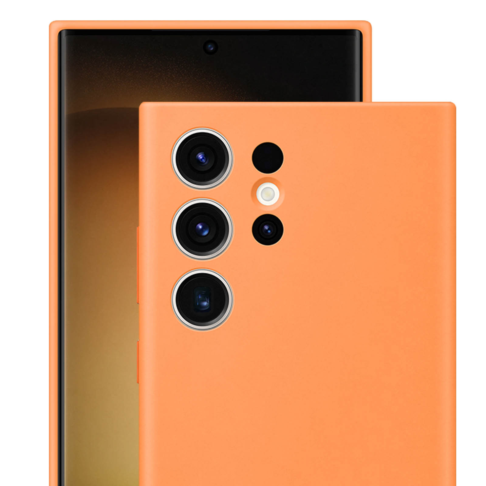 Zwei orangefarbene Handyhüllen, eine bedeckt ein Telefon mit sichtbaren Kameralinsen, Nahaufnahme.