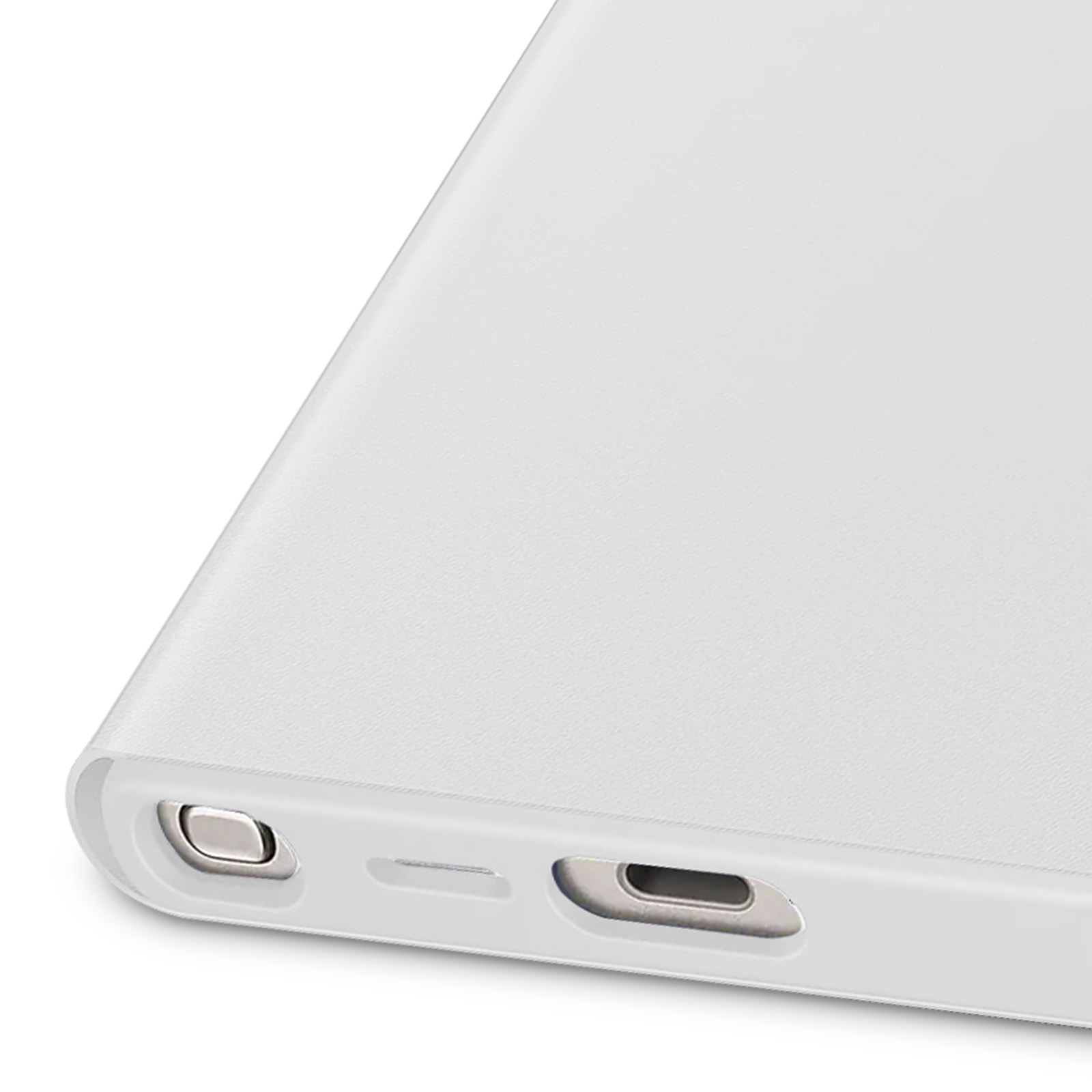 Primo piano di un dispositivo bianco con bordi arrotondati e porte di ricarica, probabilmente un telefono.