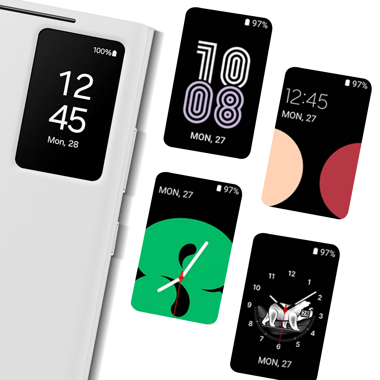 Cinque quadranti di smartwatch con diversi design di orologi, su una superficie bianca.