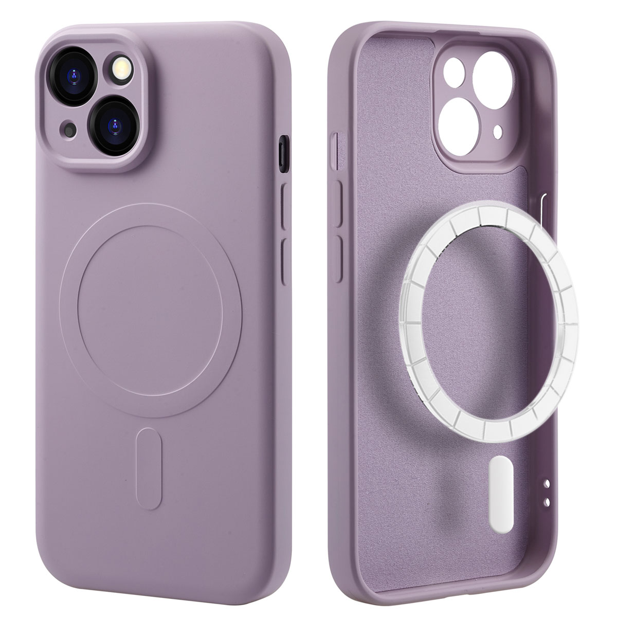 Twee lavendelkleurige telefoonhoesjes, één open, de binnenkant tonend.