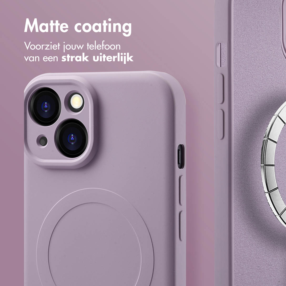 Close-up van een lavendelkleurig telefoonhoesje met een witte MagSafe-oplader.