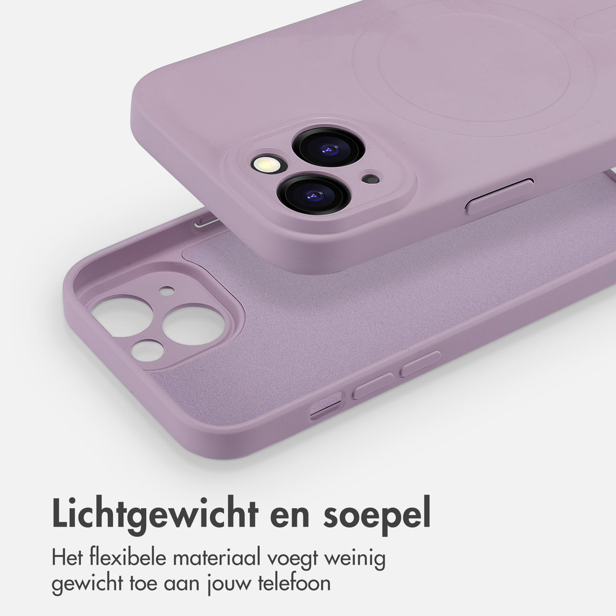 Twee lavendelkleurige telefoonhoesjes, één open, de binnenkant tonend.