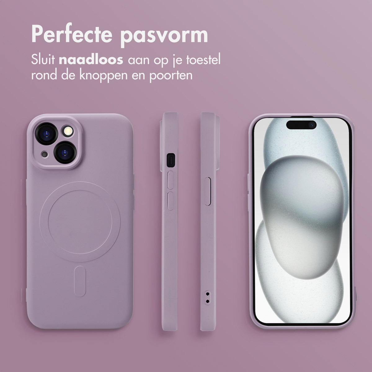 Afbeelding toont een lavendelkleurig telefoonhoesje en een telefoonscherm. Hoesje links, telefoon rechts.