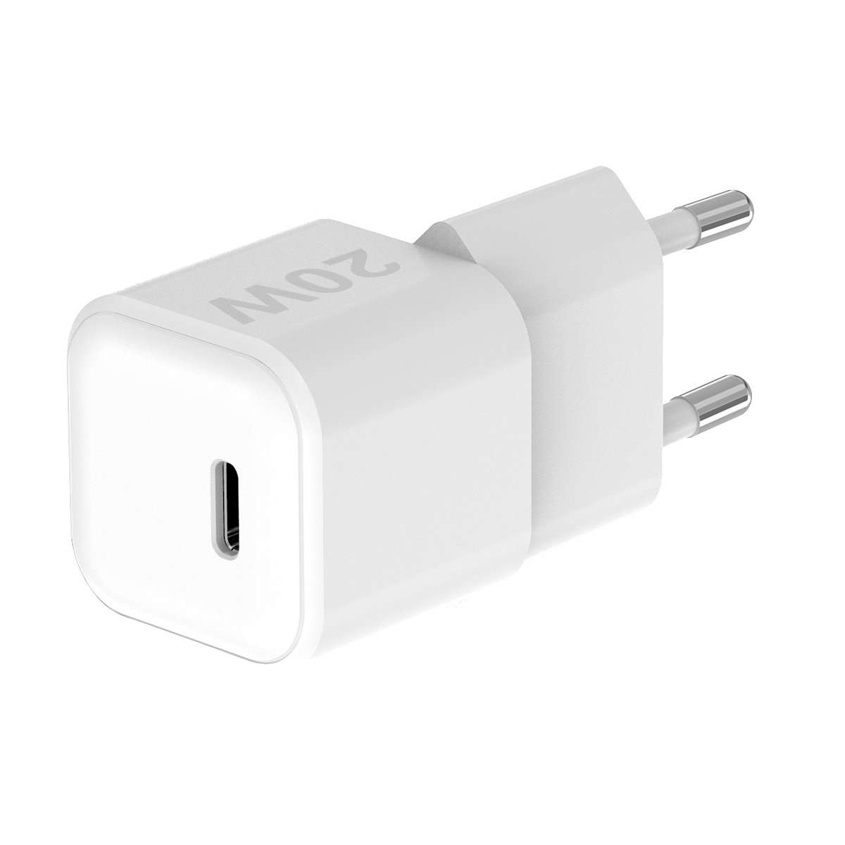 Weißes 20-W-USB-C-Ladegerät mit zwei Stiften. Es ist eine Nahaufnahme auf weißem Hintergrund.