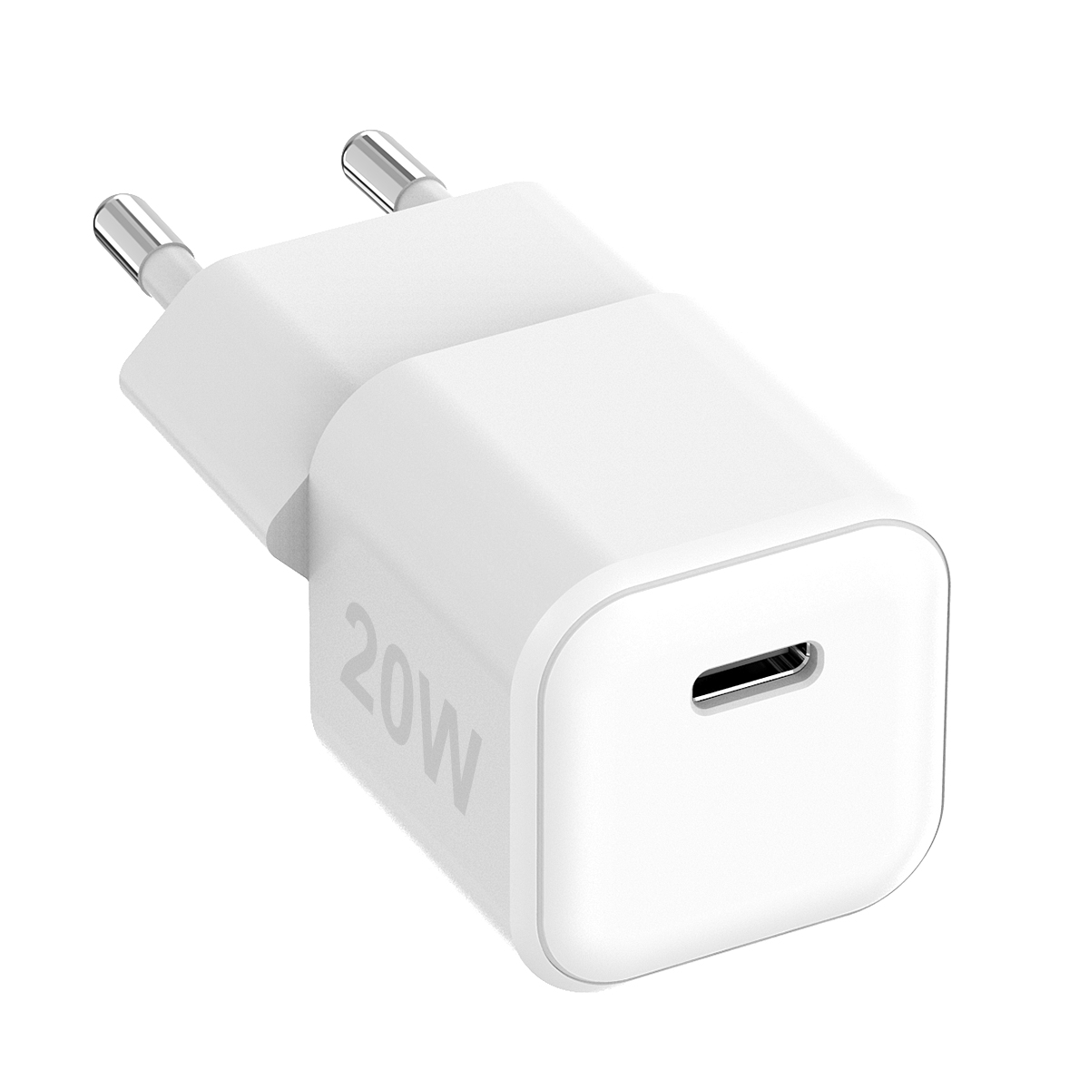 Ein weißes 20-W-Ladegerät mit USB-C-Anschluss. Es hat zwei silberne Stifte zum Einstecken in die Wand.