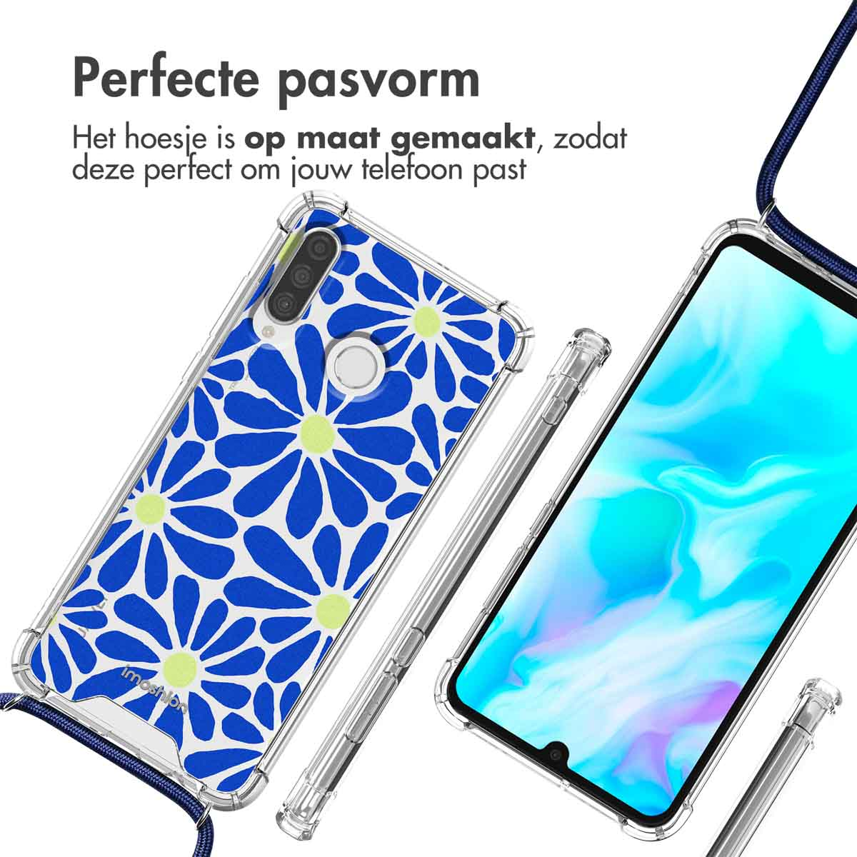 Telefoon in hoesje met blauw en wit bloemenontwerp. Hoesje is transparant en bloemig. Tekst vermeldt perfecte pasvorm.