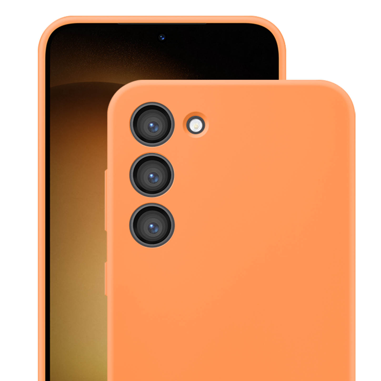 Orangefarbene Handyhülle mit schwarzem Bildschirm und drei Kameralinsen. Das Telefon ist orange.