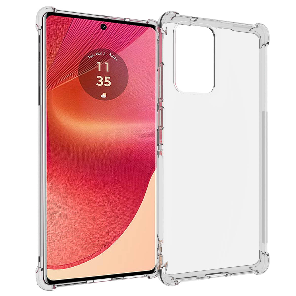 Transparente Handyhülle mit Telefon, zeigt Uhr und Hintergrund.