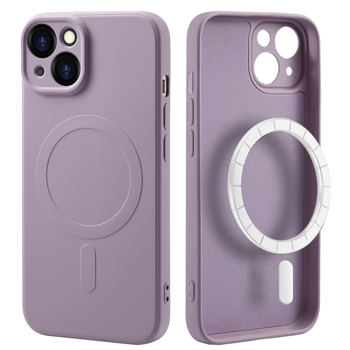Afbeelding toont een lavendelkleurig telefoonhoesje. De hoes is open met een witte ring zichtbaar binnenin. De hoes is links.