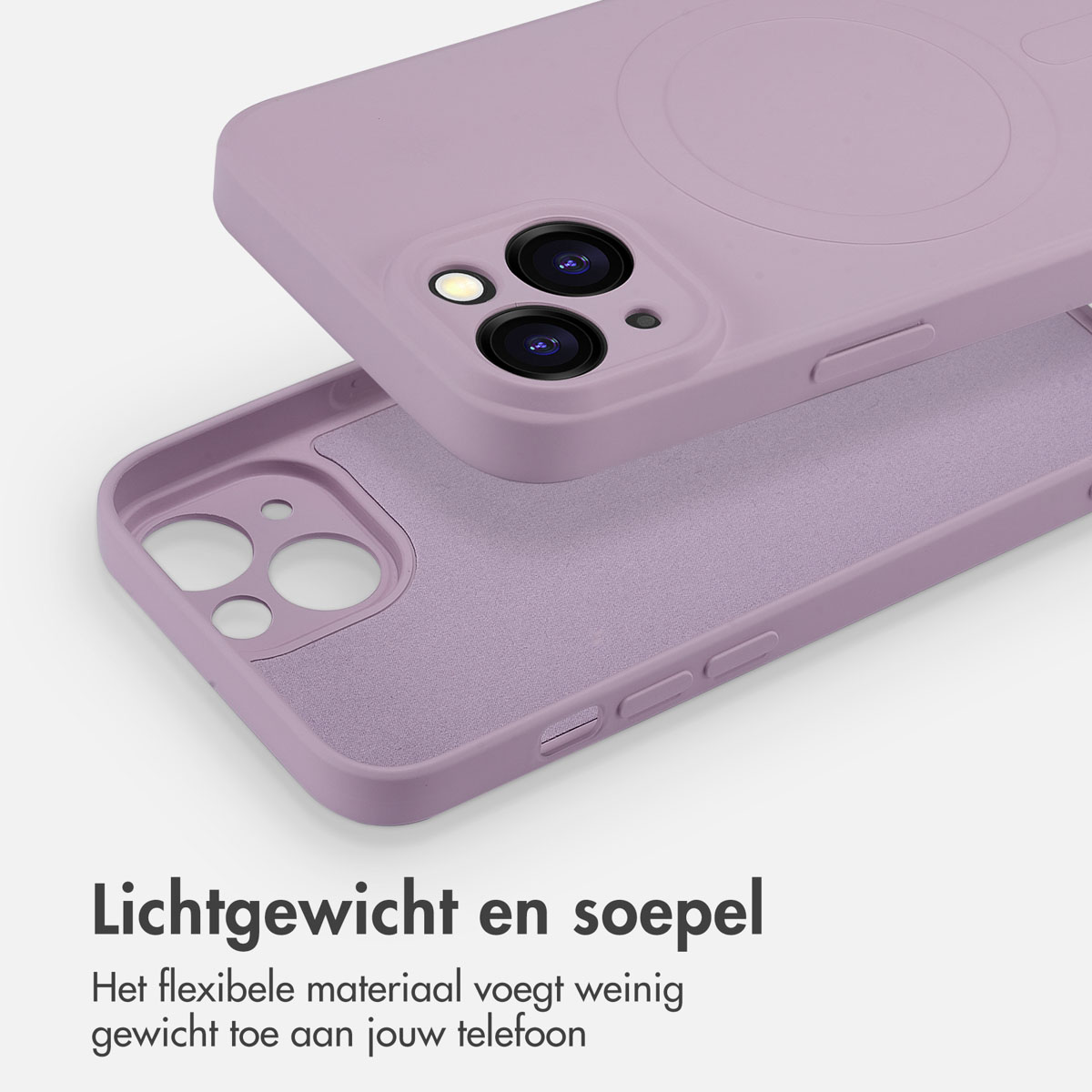 Paarse telefoonhoes. Een deel is open getoond. De hoes ligt op een witte ondergrond.