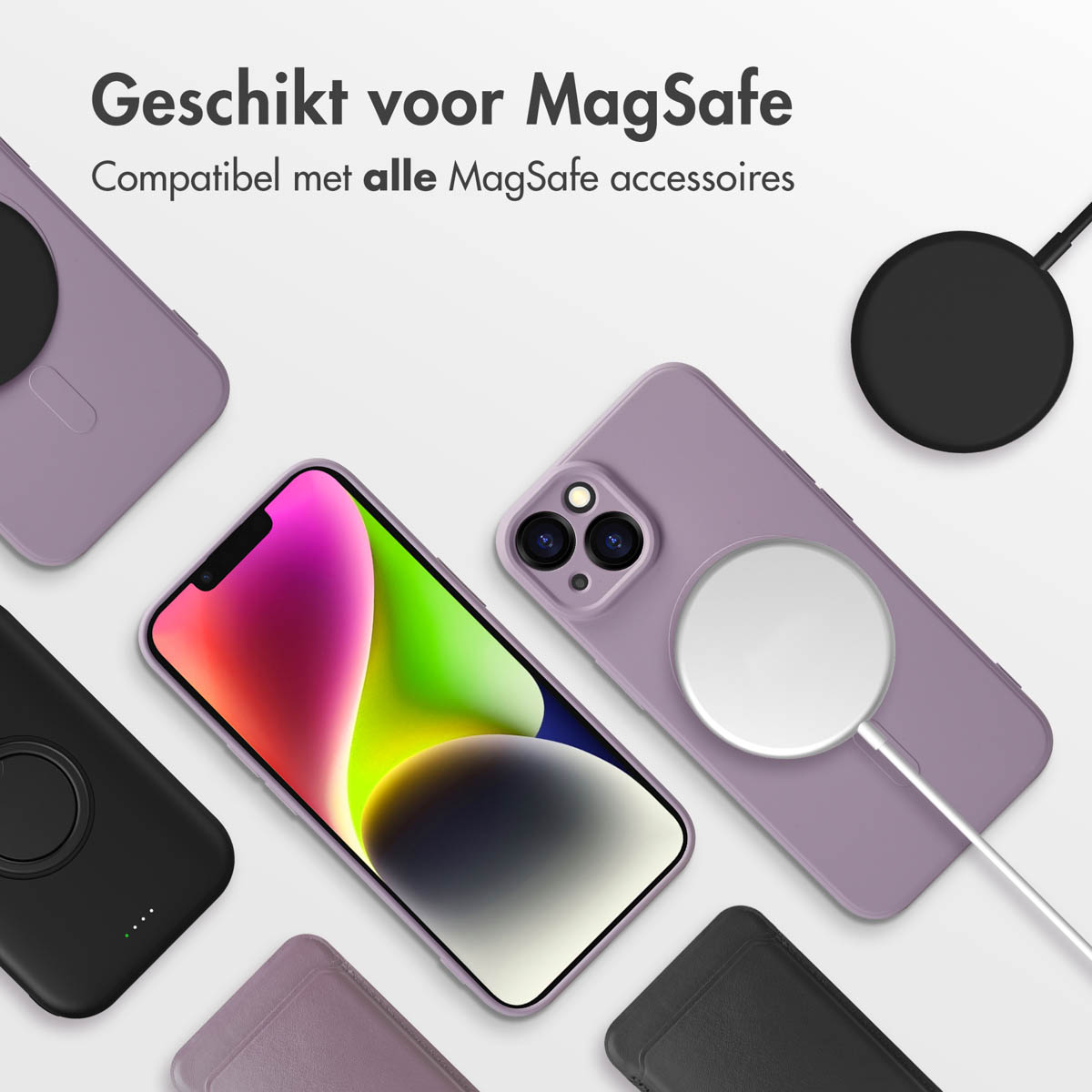 Verschillende telefoonhoesjes en een telefoon met een kleurrijk scherm, allemaal gerelateerd aan MagSafe.