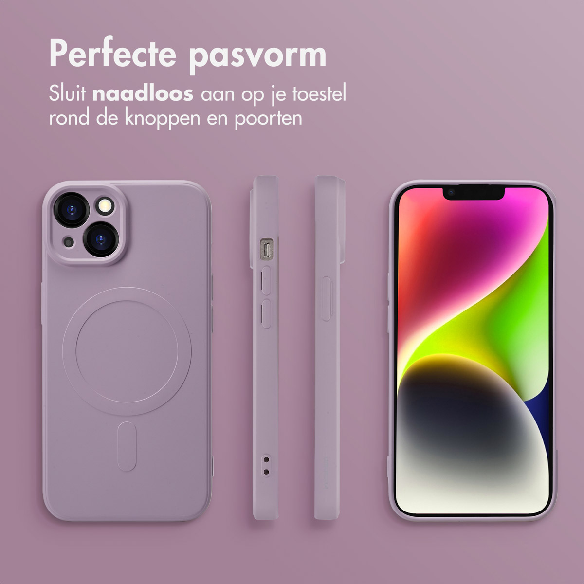 Paarse telefoonhoes getoond vanuit meerdere hoeken. Er wordt ook een telefoon met scherm getoond.