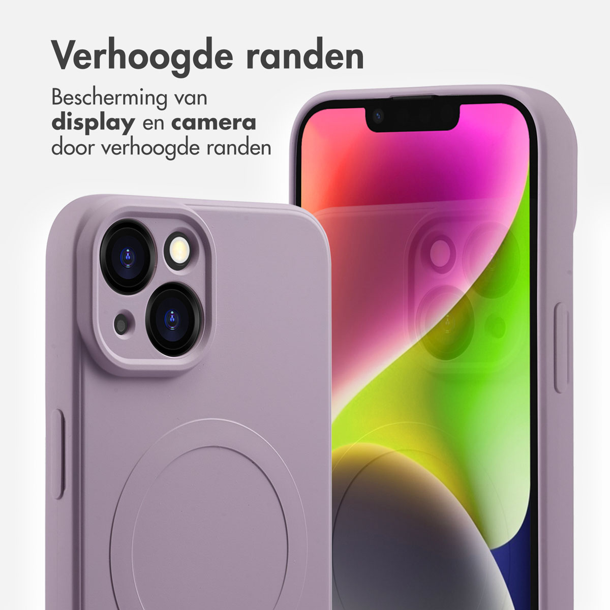 Close-up van een paarse telefoonhoes met een telefoon op de achtergrond. Focus op de verhoogde randen.