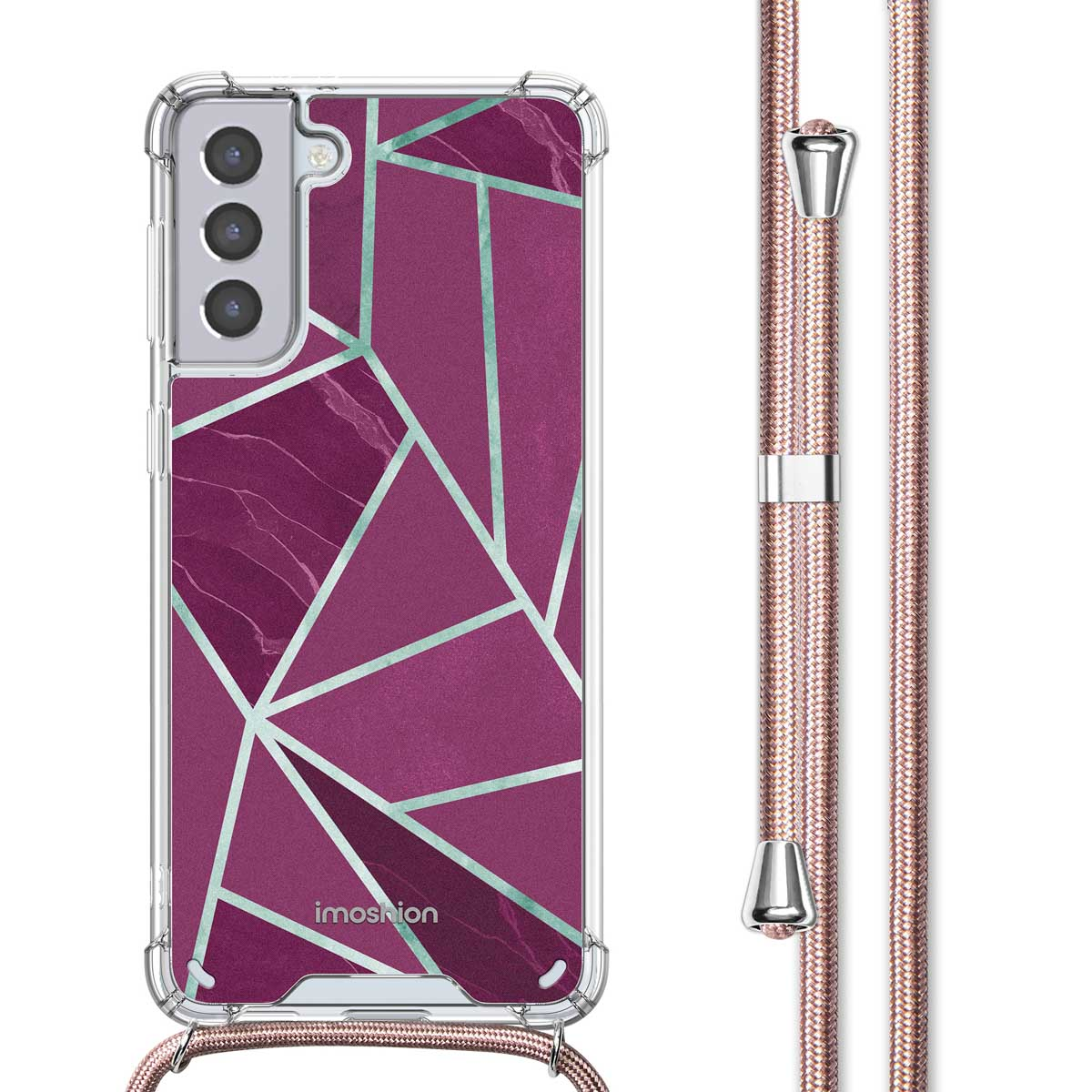 Coque transparente avec design géométrique et cordon rose. Le téléphone a un fond violet et blanc.