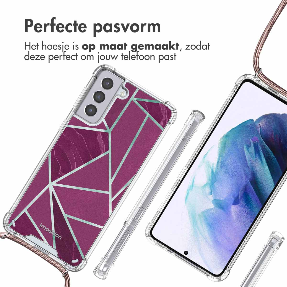 Un téléphone avec une coque au design marbre violet. Une coque transparente et une sangle sont montrées.