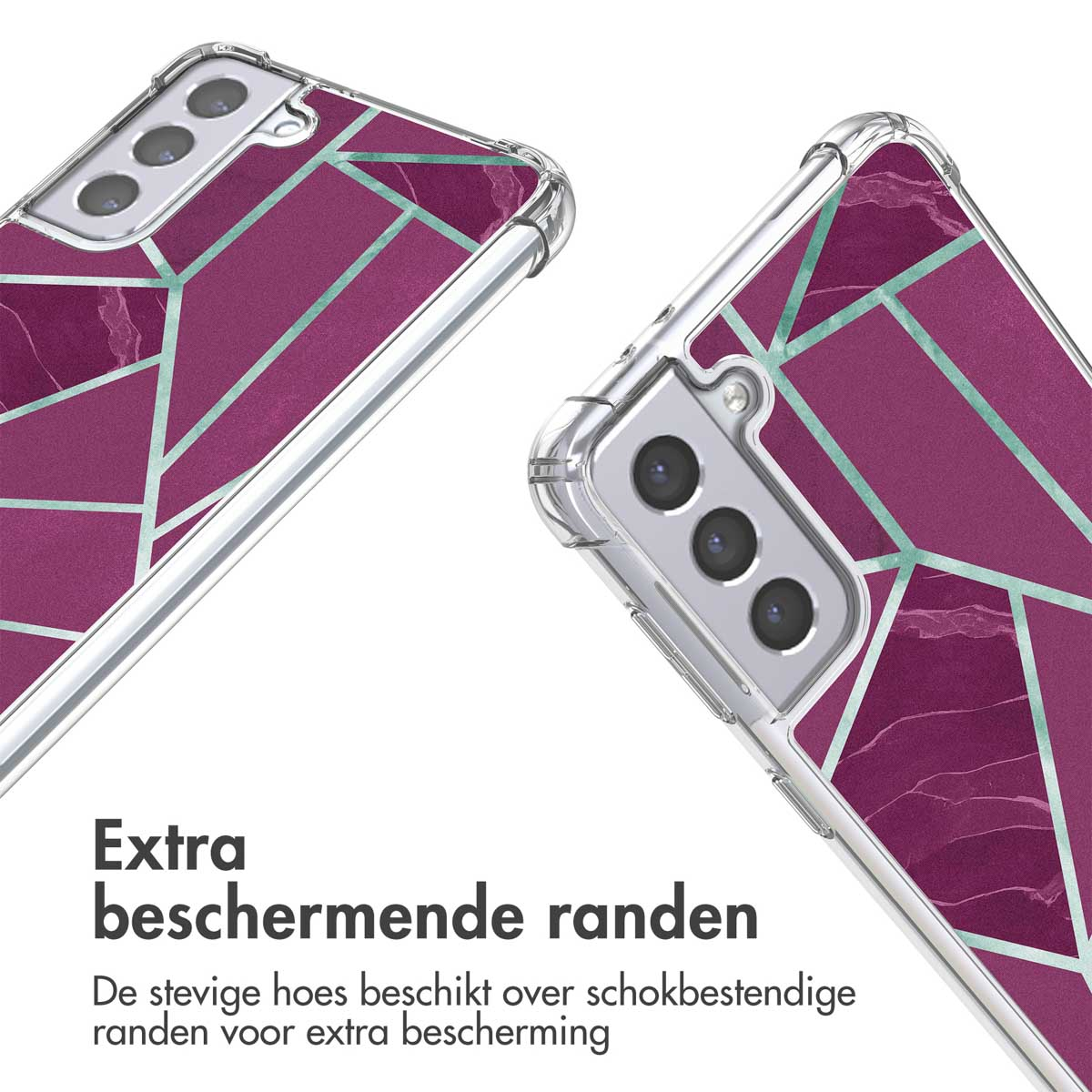 Deux coques de téléphone avec un design géométrique. Elles ont un cadre transparent avec un motif de marbre violet.