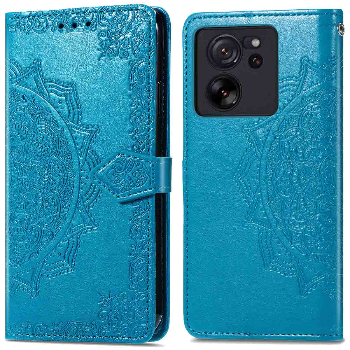 Turkooisblauwe telefoonhoes, gesloten en open. Decoratief patroon. Telefoon zichtbaar aan de open kant.